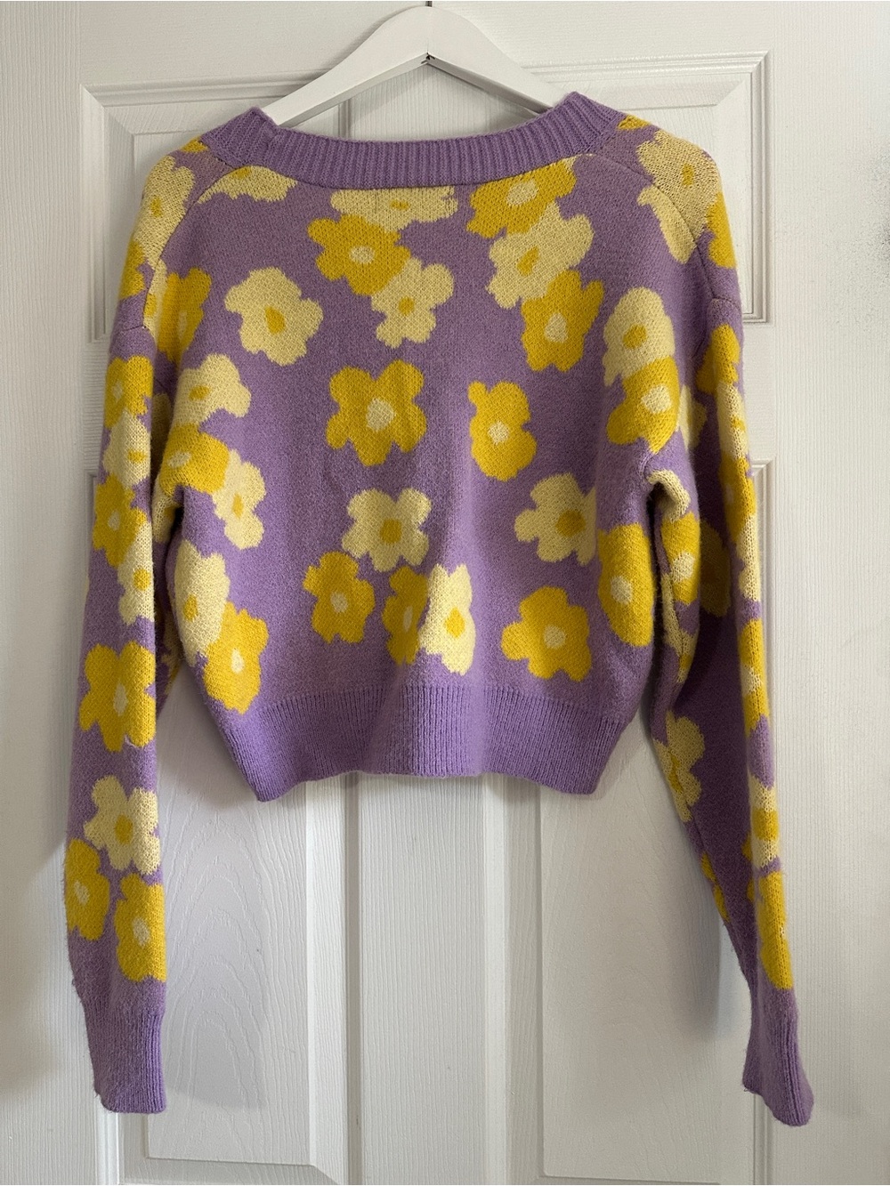 Cider Lavender Cropped Floral Cardigan with Yellow and Cream Blooms - Picture 2 of 6